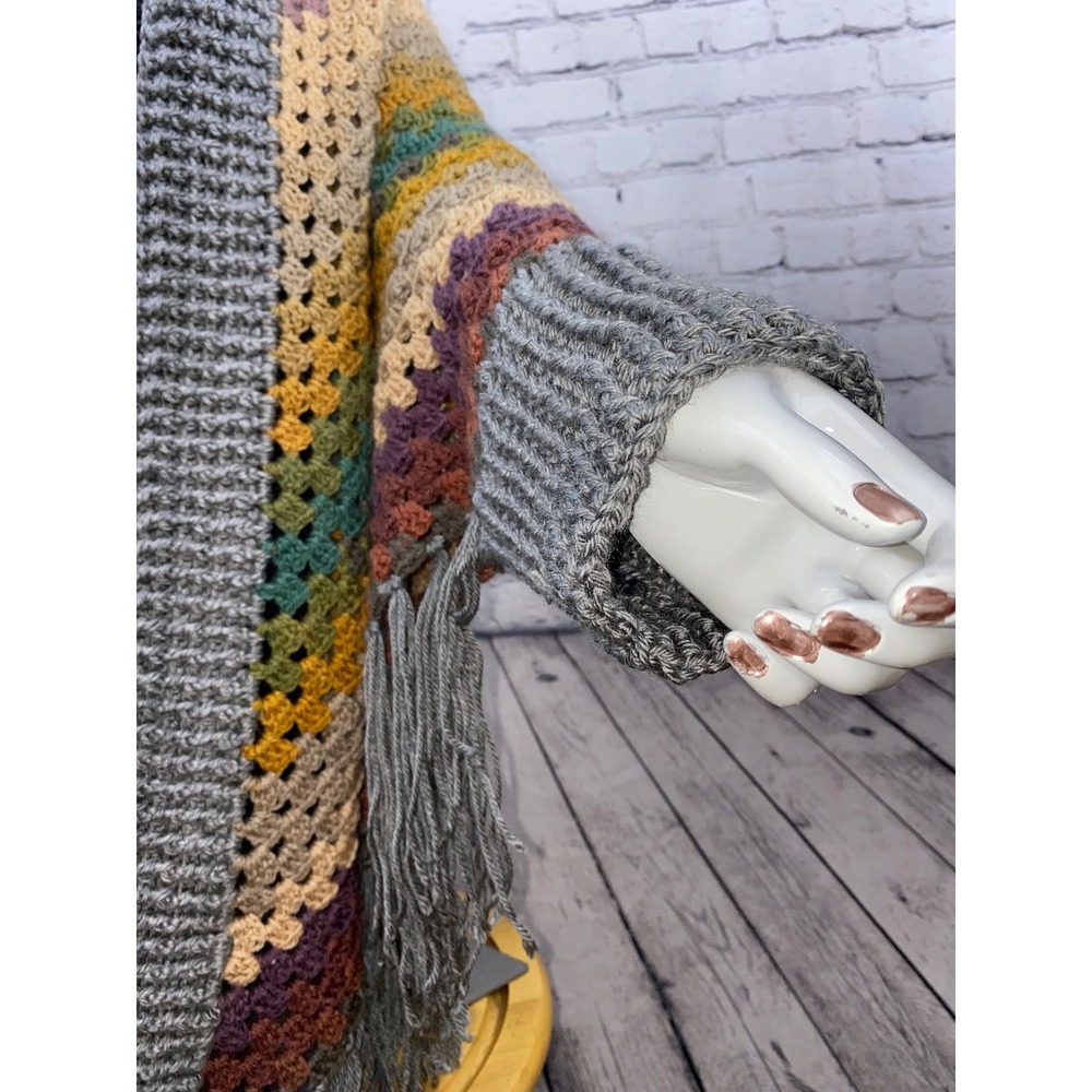 Handmade Crochet Hooded Shawl Wrap Multicolor Striped Fringe Boho Cardigan Gray - Picture 2 of 10